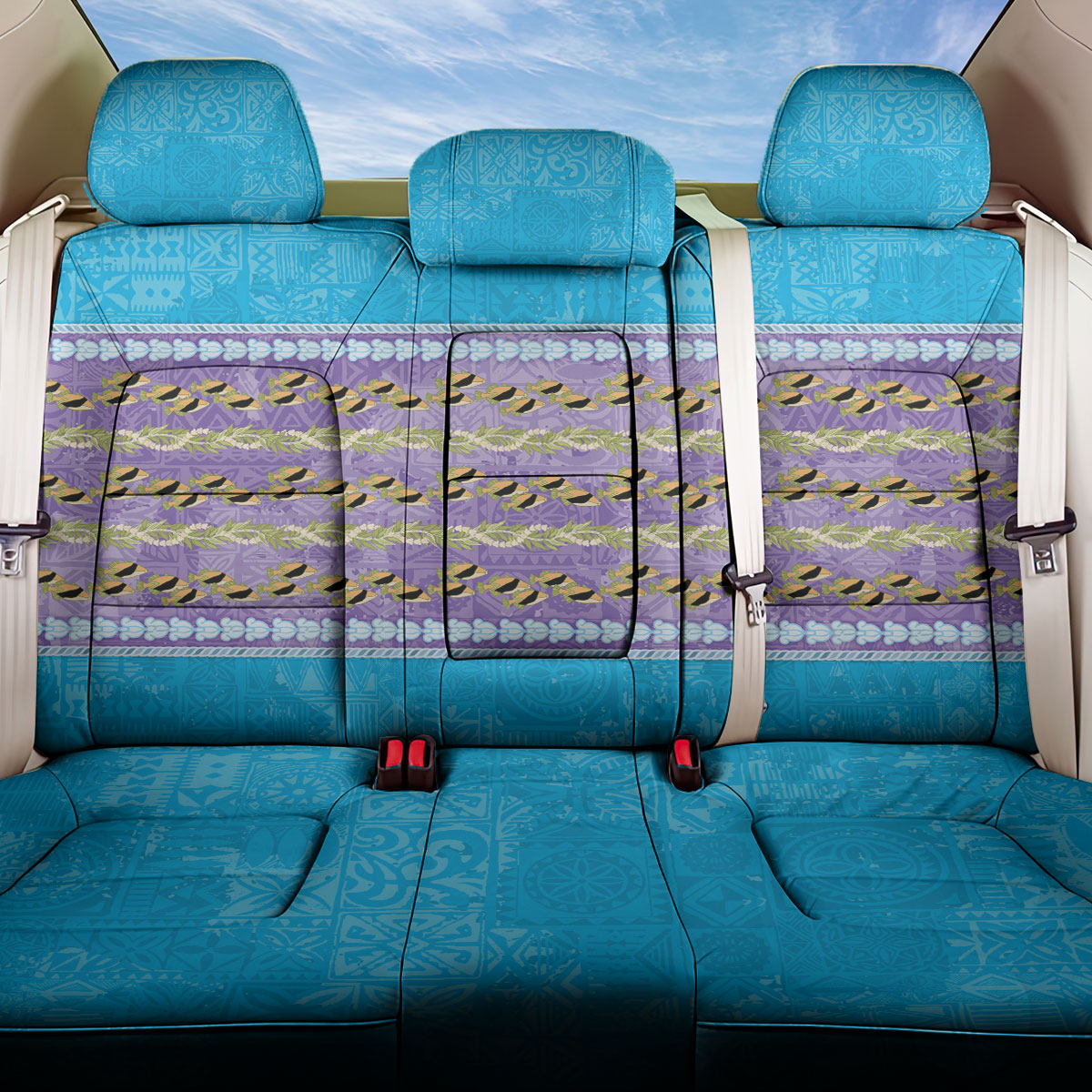 Hawaii Humuhumu Fish Maile Pikake Lei Back Car Seat Cover Tribal Tapa Blue Version LT05 One Size Blue - Polynesian Pride