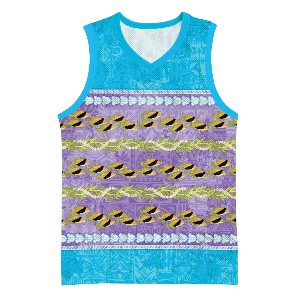 Hawaii Humuhumu Fish Maile Pikake Lei Basketball Jersey Tribal Tapa Blue Version LT05 Unisex Blue - Polynesian Pride
