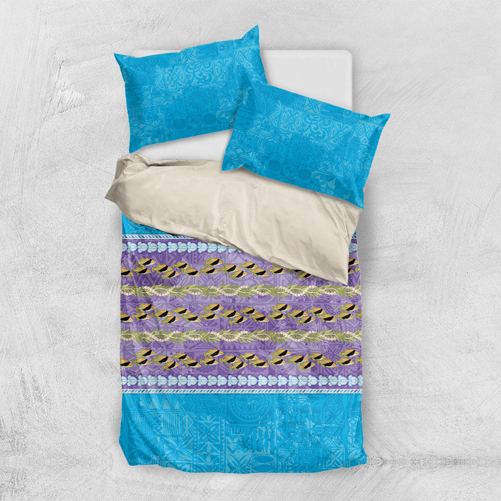 Hawaii Humuhumu Fish Maile Pikake Lei Bedding Set Tribal Tapa Blue Version LT05 US Twin 172cm x 218cm Blue - Polynesian Pride