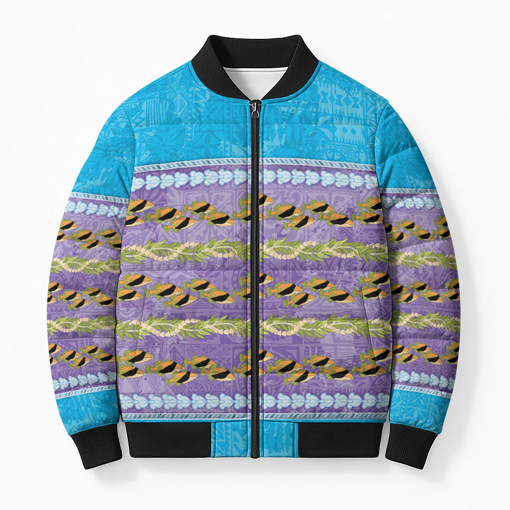 Hawaii Humuhumu Fish Maile Pikake Lei Bomber Puffer Jacket Tribal Tapa Blue Version LT05 Unisex Blue - Polynesian Pride