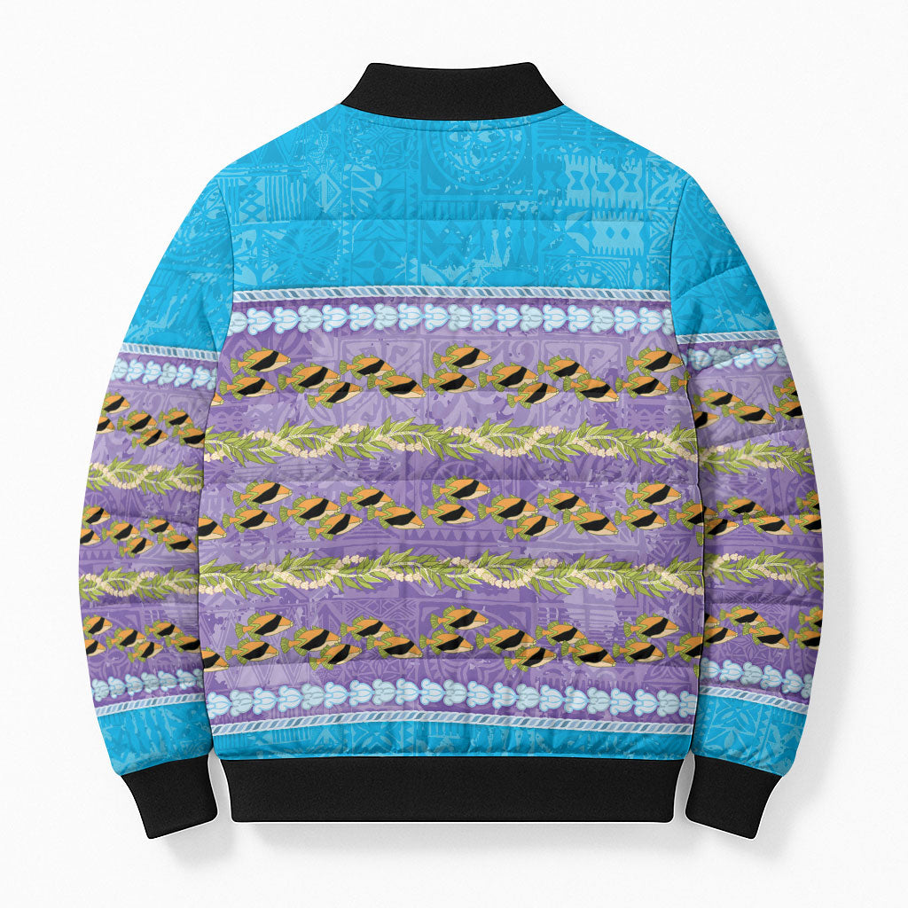 Hawaii Humuhumu Fish Maile Pikake Lei Bomber Puffer Jacket Tribal Tapa Blue Version LT05 - Polynesian Pride
