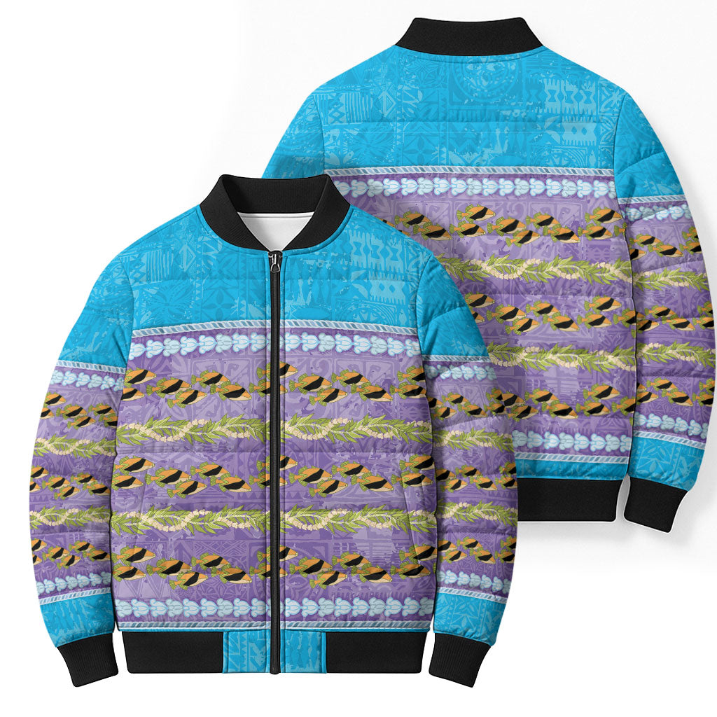 Hawaii Humuhumu Fish Maile Pikake Lei Bomber Puffer Jacket Tribal Tapa Blue Version LT05 - Polynesian Pride
