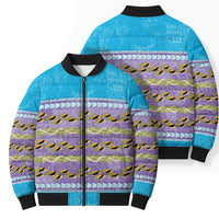 Hawaii Humuhumu Fish Maile Pikake Lei Bomber Puffer Jacket Tribal Tapa Blue Version LT05 - Polynesian Pride