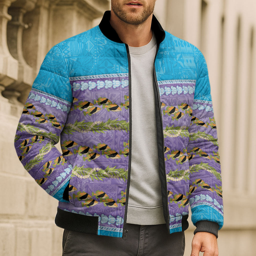 Hawaii Humuhumu Fish Maile Pikake Lei Bomber Puffer Jacket Tribal Tapa Blue Version LT05 - Polynesian Pride