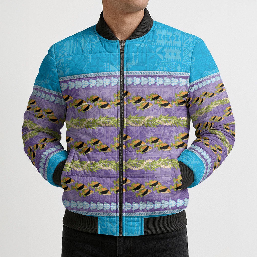 Hawaii Humuhumu Fish Maile Pikake Lei Bomber Puffer Jacket Tribal Tapa Blue Version LT05 - Polynesian Pride