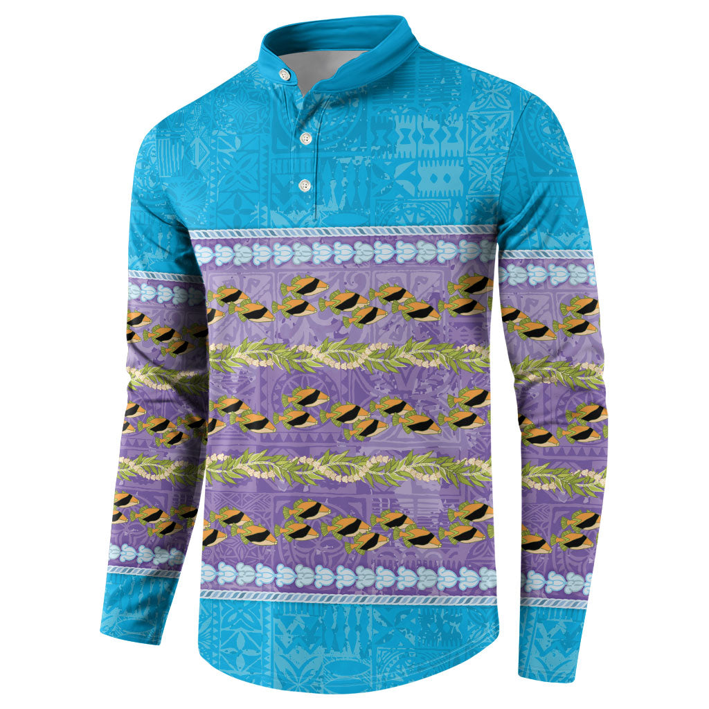 Hawaii Humuhumu Fish Maile Pikake Lei Button Sweatshirt Tribal Tapa Blue Version LT05 - Polynesian Pride