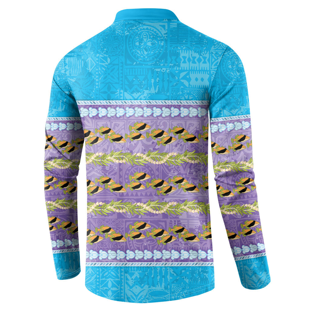 Hawaii Humuhumu Fish Maile Pikake Lei Button Sweatshirt Tribal Tapa Blue Version LT05 - Polynesian Pride
