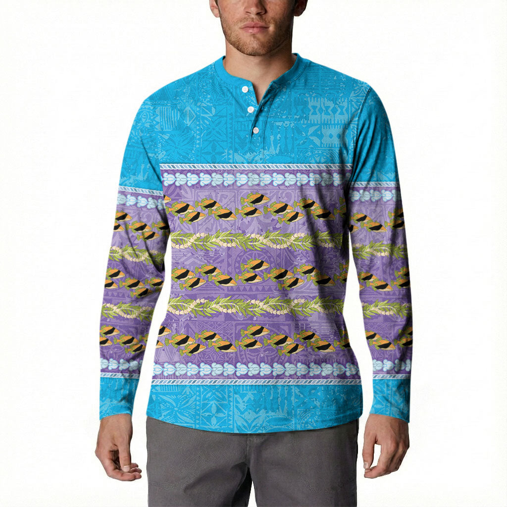 Hawaii Humuhumu Fish Maile Pikake Lei Button Sweatshirt Tribal Tapa Blue Version LT05 - Polynesian Pride