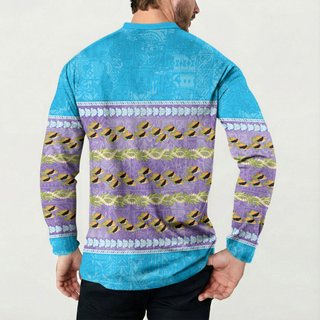 Hawaii Humuhumu Fish Maile Pikake Lei Button Sweatshirt Tribal Tapa Blue Version LT05 - Polynesian Pride