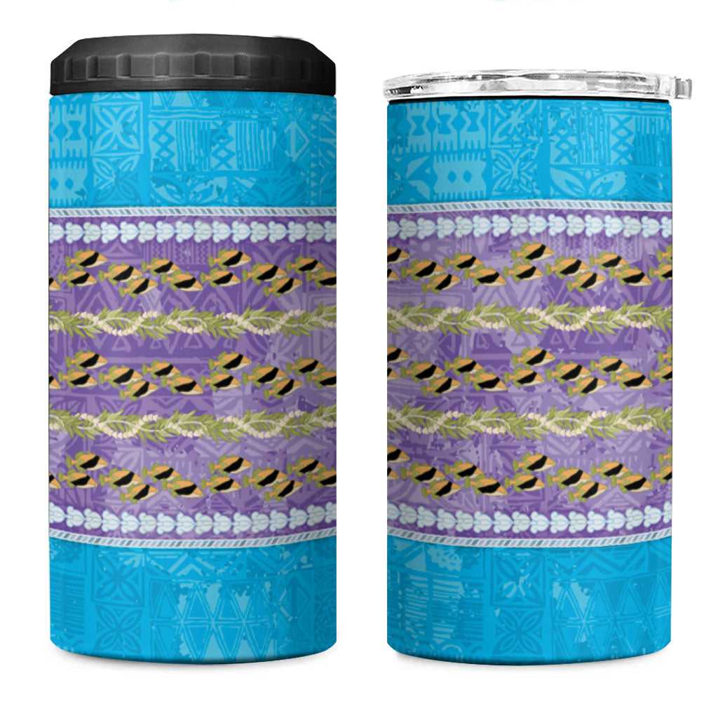 Hawaii Humuhumu Fish Maile Pikake Lei 4 in 1 Can Cooler Tumbler Tribal Tapa Blue Version LT05 One Size: 16 oz Blue - Polynesian Pride
