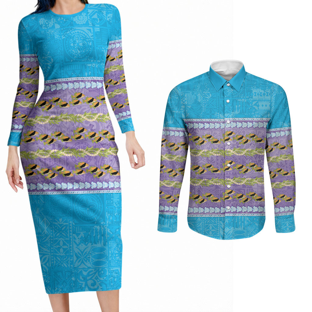 Hawaii Humuhumu Fish Maile Pikake Lei Couples Matching Long Sleeve Bodycon Dress and Long Sleeve Button Shirt Tribal Tapa Blue Version LT05 Blue - Polynesian Pride
