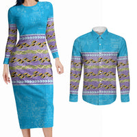 Hawaii Humuhumu Fish Maile Pikake Lei Couples Matching Long Sleeve Bodycon Dress and Long Sleeve Button Shirt Tribal Tapa Blue Version LT05 Blue - Polynesian Pride