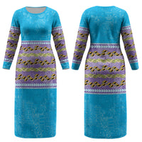 Hawaii Humuhumu Fish Maile Pikake Lei Couples Matching Long Sleeve Bodycon Dress and Long Sleeve Button Shirt Tribal Tapa Blue Version LT05 - Polynesian Pride