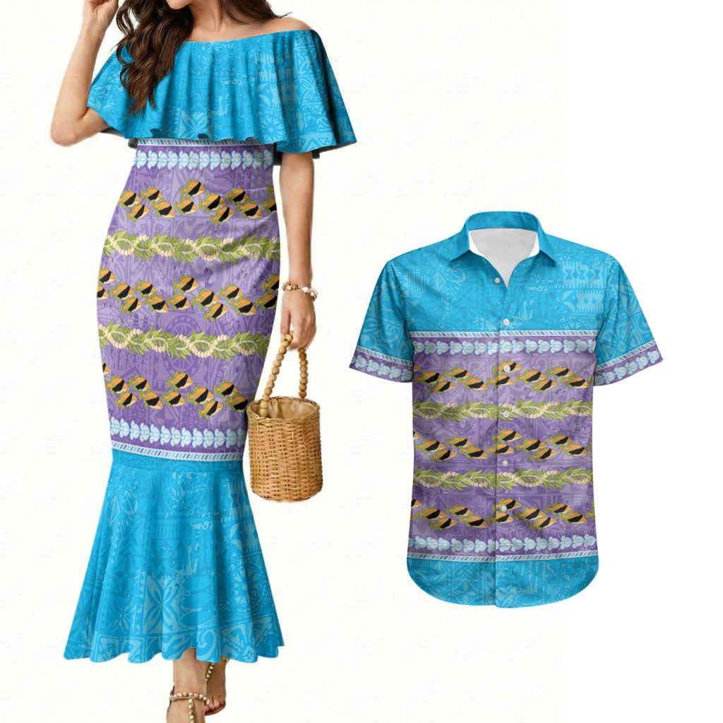 Hawaii Humuhumu Fish Maile Pikake Lei Couples Matching Mermaid Dress and Hawaiian Shirt Tribal Tapa Blue Version LT05 Blue - Polynesian Pride