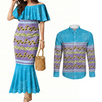 Hawaii Humuhumu Fish Maile Pikake Lei Couples Matching Mermaid Dress and Long Sleeve Button Shirt Tribal Tapa Blue Version LT05 Blue - Polynesian Pride
