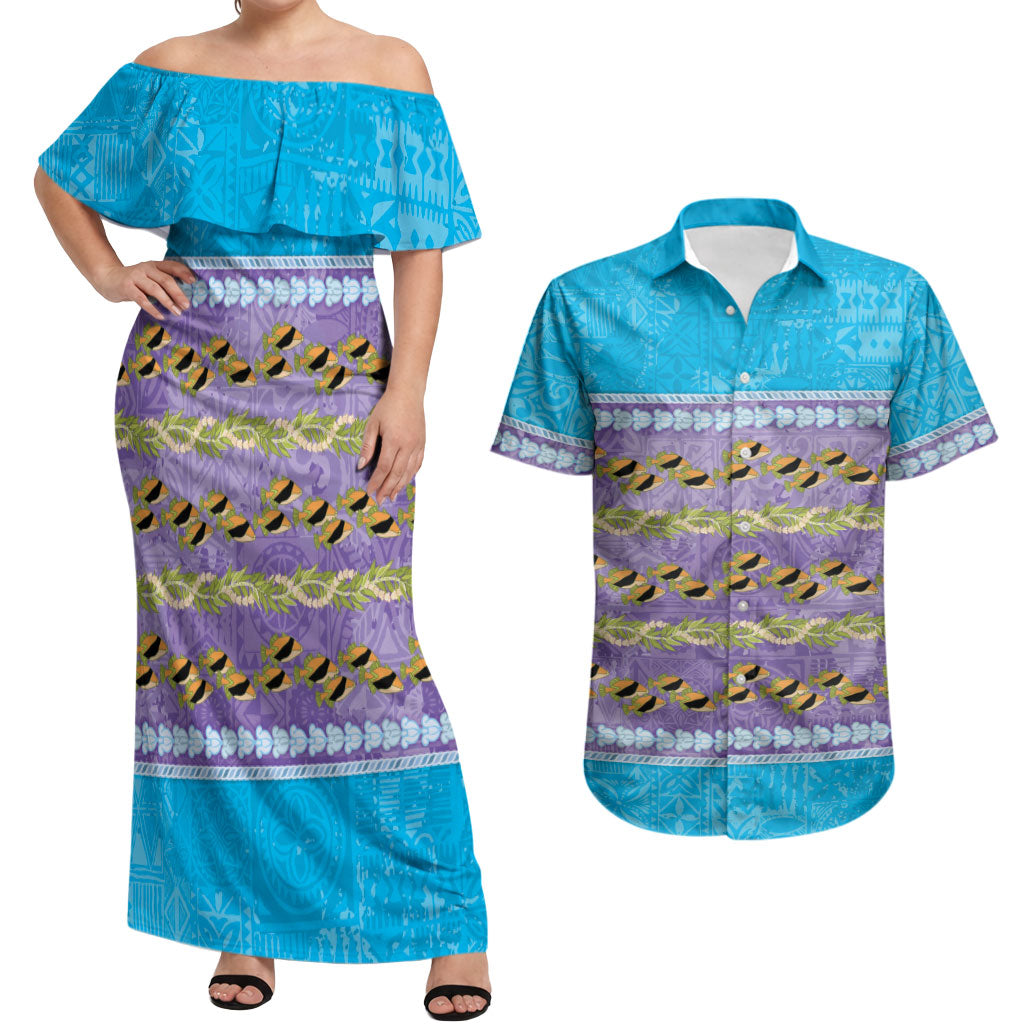 Hawaii Humuhumu Fish Maile Pikake Lei Couples Matching Off Shoulder Maxi Dress and Hawaiian Shirt Tribal Tapa Blue Version LT05 Blue - Polynesian Pride