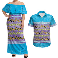 Hawaii Humuhumu Fish Maile Pikake Lei Couples Matching Off Shoulder Maxi Dress and Hawaiian Shirt Tribal Tapa Blue Version LT05 Blue - Polynesian Pride