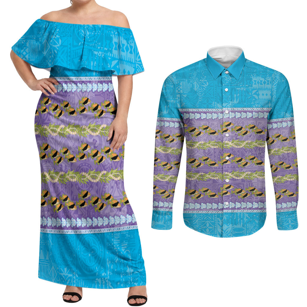 Hawaii Humuhumu Fish Maile Pikake Lei Couples Matching Off Shoulder Maxi Dress and Long Sleeve Button Shirt Tribal Tapa Blue Version LT05 Blue - Polynesian Pride