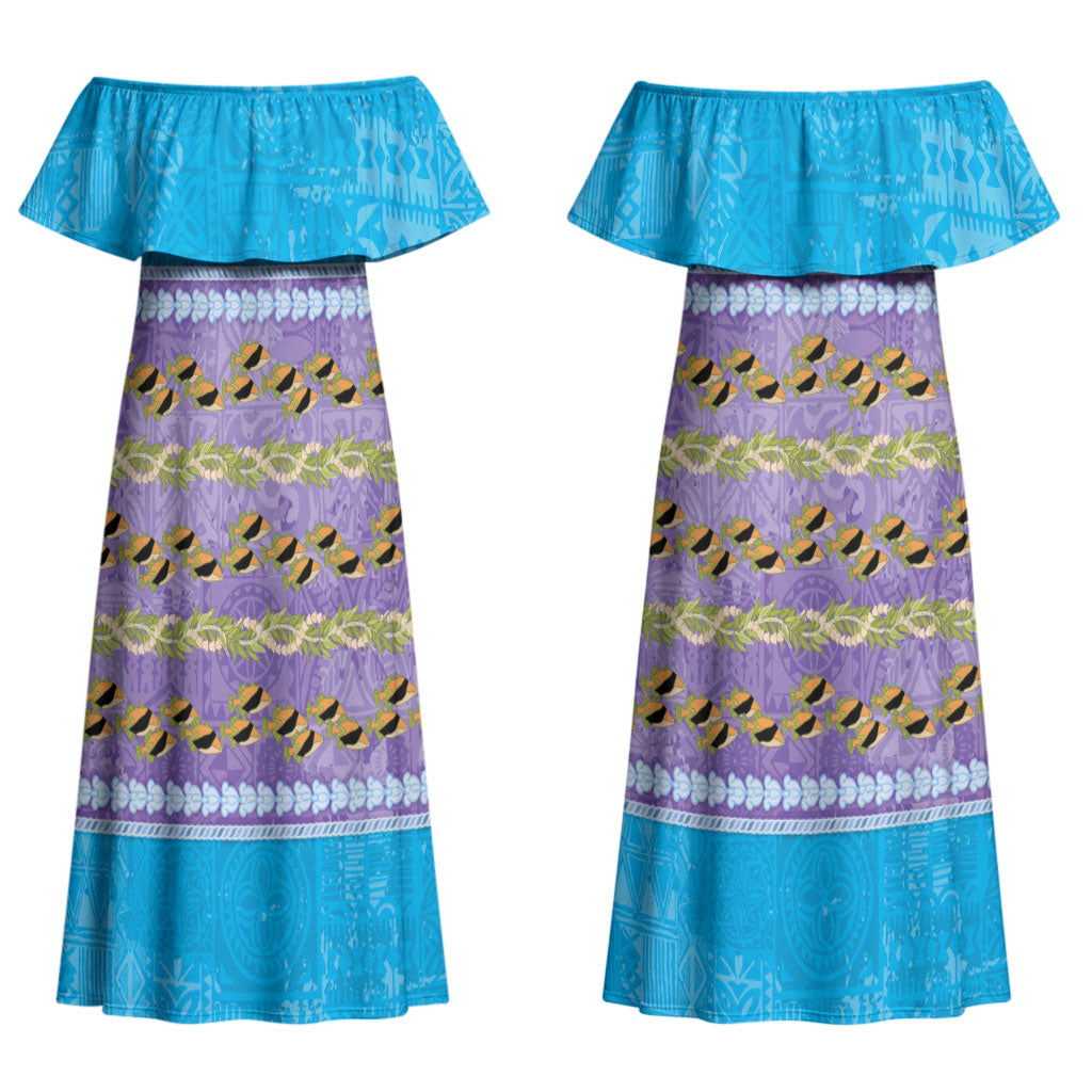 Hawaii Humuhumu Fish Maile Pikake Lei Couples Matching Off Shoulder Maxi Dress and Long Sleeve Button Shirt Tribal Tapa Blue Version LT05 - Polynesian Pride