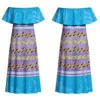 Hawaii Humuhumu Fish Maile Pikake Lei Couples Matching Off Shoulder Maxi Dress and Long Sleeve Button Shirt Tribal Tapa Blue Version LT05 - Polynesian Pride