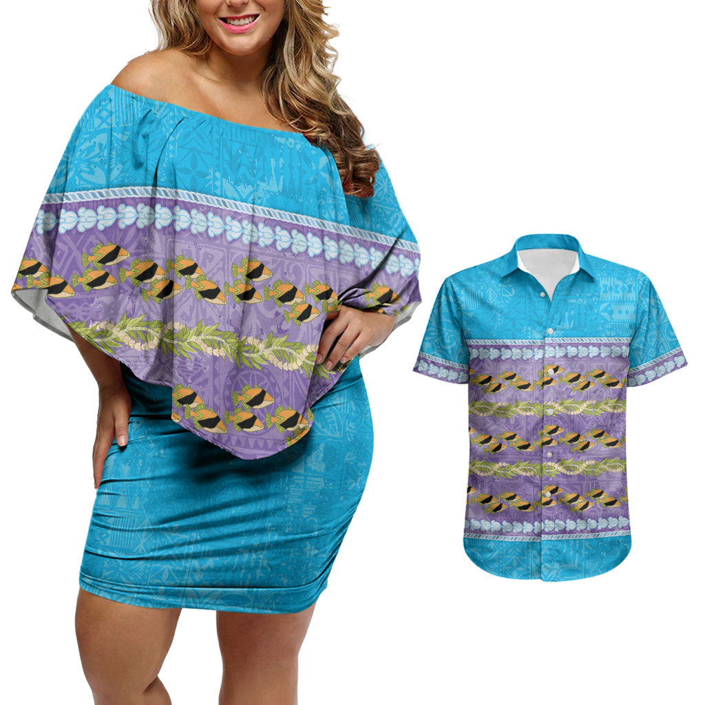 Hawaii Humuhumu Fish Maile Pikake Lei Couples Matching Off Shoulder Short Dress and Hawaiian Shirt Tribal Tapa Blue Version LT05 Blue - Polynesian Pride