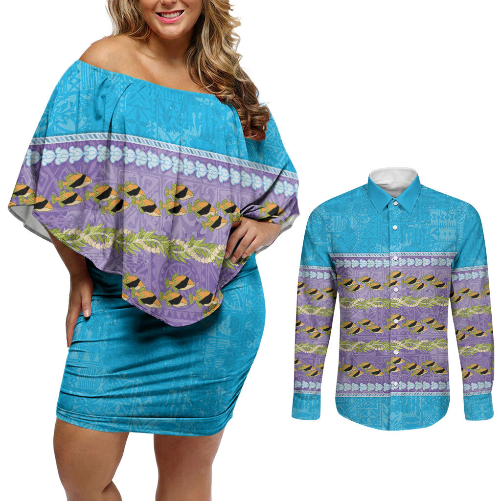 Hawaii Humuhumu Fish Maile Pikake Lei Couples Matching Off Shoulder Short Dress and Long Sleeve Button Shirt Tribal Tapa Blue Version LT05 Blue - Polynesian Pride