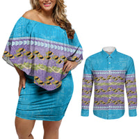 Hawaii Humuhumu Fish Maile Pikake Lei Couples Matching Off Shoulder Short Dress and Long Sleeve Button Shirt Tribal Tapa Blue Version LT05 Blue - Polynesian Pride
