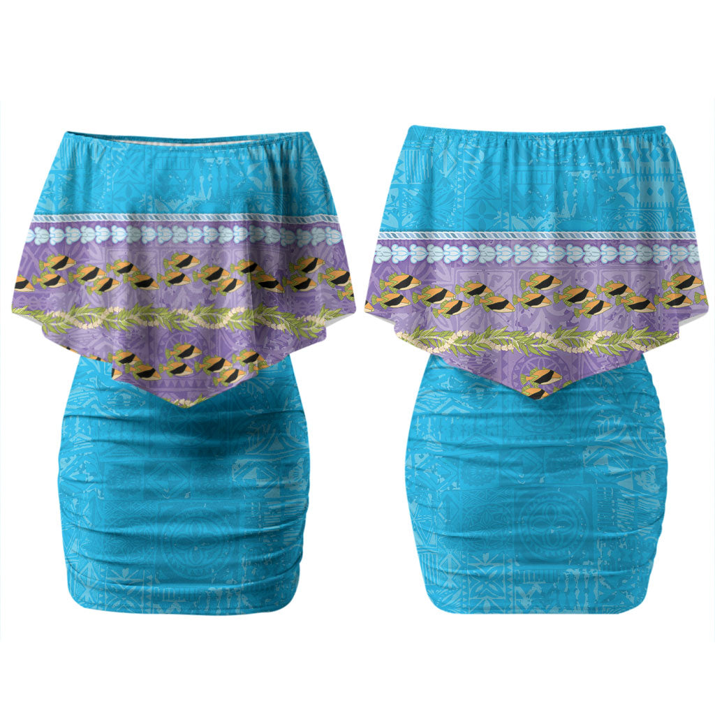 Hawaii Humuhumu Fish Maile Pikake Lei Couples Matching Off Shoulder Short Dress and Long Sleeve Button Shirt Tribal Tapa Blue Version LT05 - Polynesian Pride