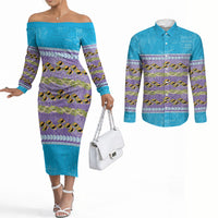 Hawaii Humuhumu Fish Maile Pikake Lei Couples Matching Off The Shoulder Long Sleeve Dress and Long Sleeve Button Shirt Tribal Tapa Blue Version LT05 Blue - Polynesian Pride