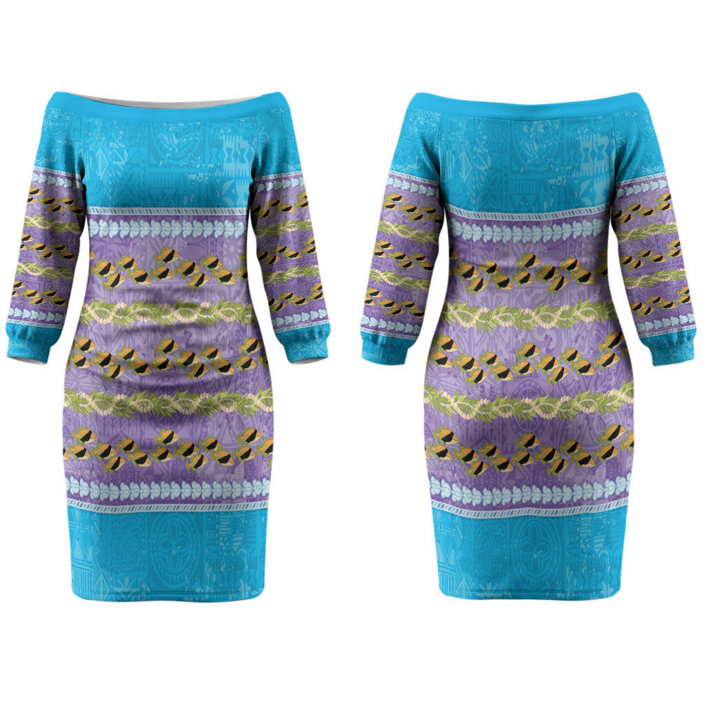 Hawaii Humuhumu Fish Maile Pikake Lei Couples Matching Off The Shoulder Long Sleeve Dress and Long Sleeve Button Shirt Tribal Tapa Blue Version LT05 - Polynesian Pride