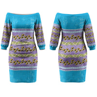 Hawaii Humuhumu Fish Maile Pikake Lei Couples Matching Off The Shoulder Long Sleeve Dress and Long Sleeve Button Shirt Tribal Tapa Blue Version LT05 - Polynesian Pride