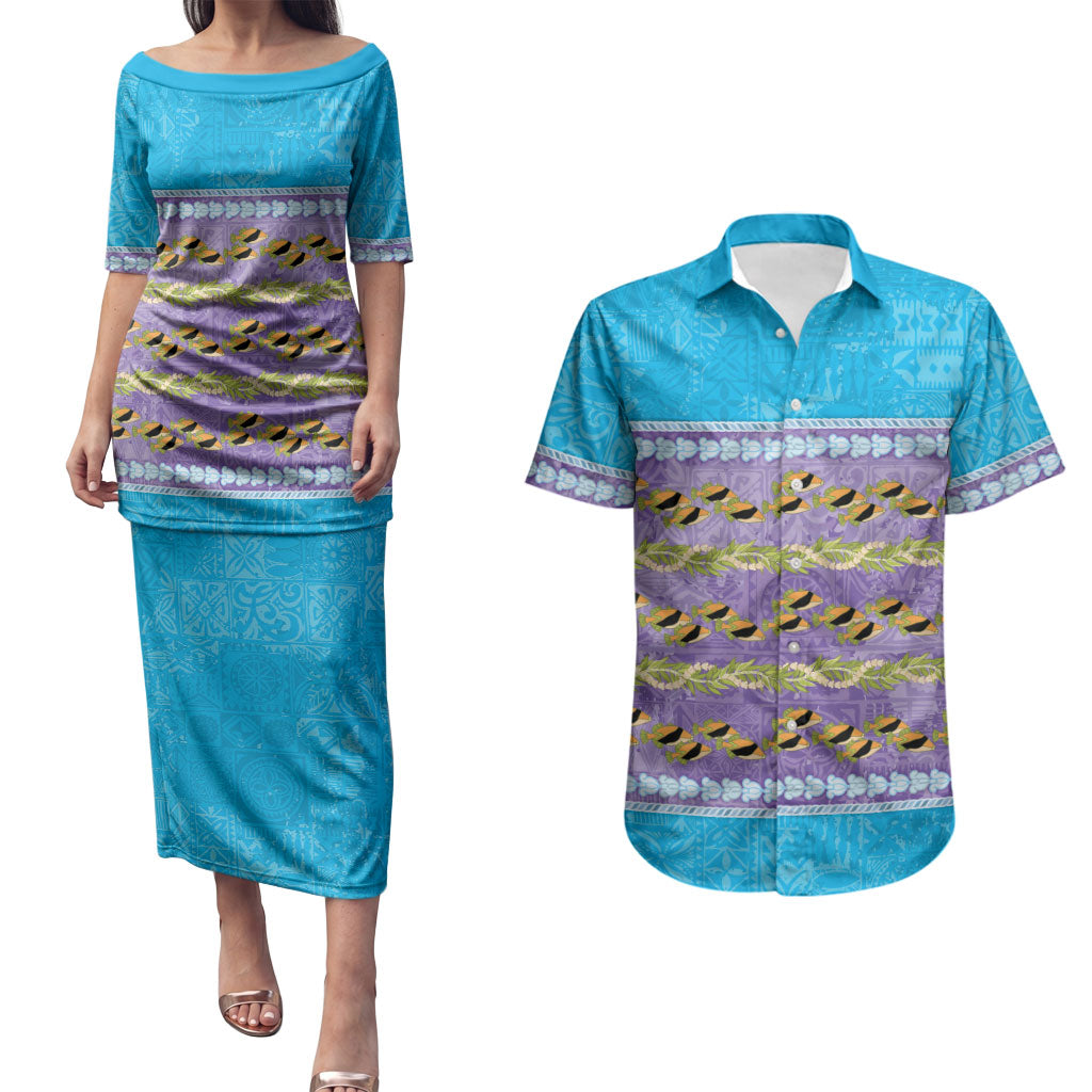Hawaii Humuhumu Fish Maile Pikake Lei Couples Matching Puletasi and Hawaiian Shirt Tribal Tapa Blue Version LT05 Blue - Polynesian Pride
