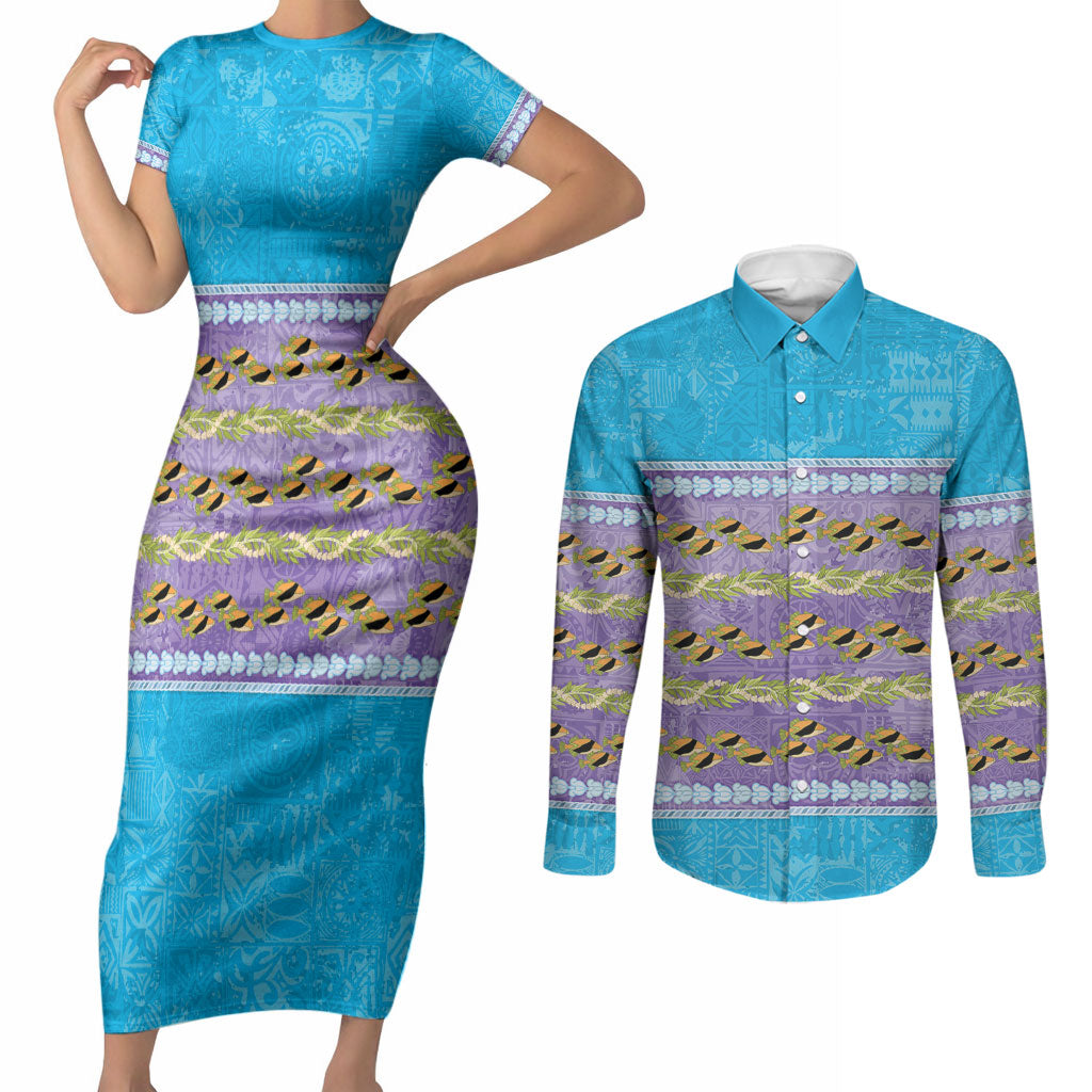 Hawaii Humuhumu Fish Maile Pikake Lei Couples Matching Short Sleeve Bodycon Dress and Long Sleeve Button Shirt Tribal Tapa Blue Version LT05 Blue - Polynesian Pride