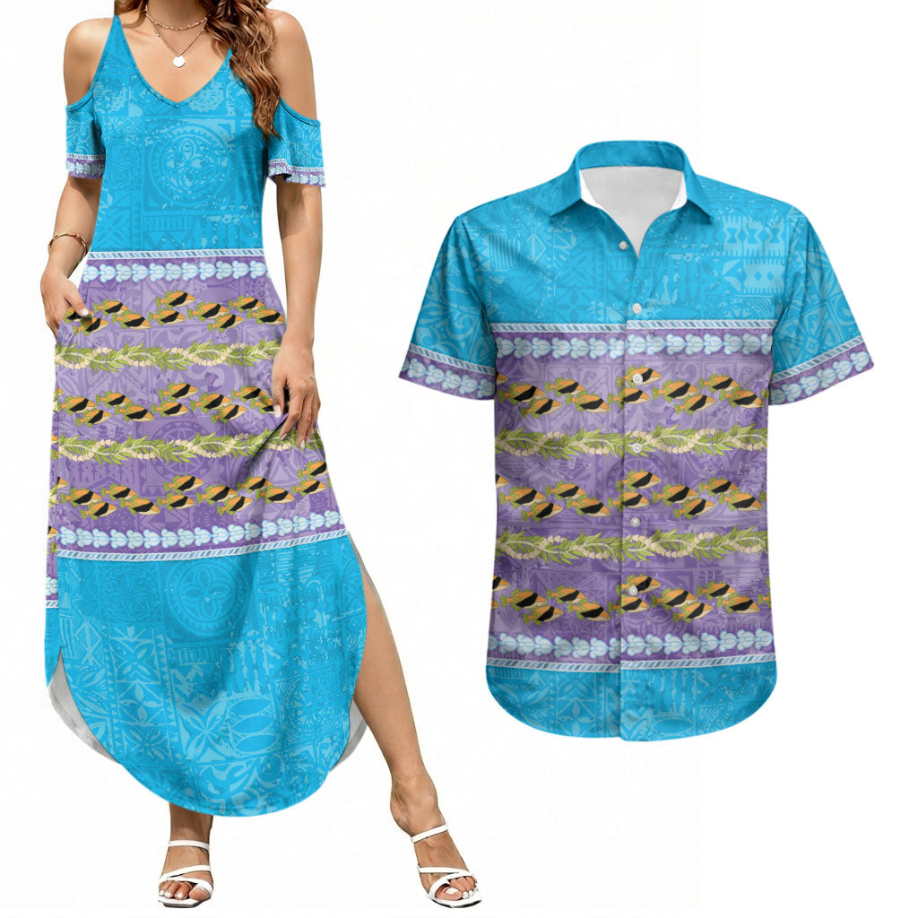 Hawaii Humuhumu Fish Maile Pikake Lei Couples Matching Summer Maxi Dress and Hawaiian Shirt Tribal Tapa Blue Version LT05 Blue - Polynesian Pride