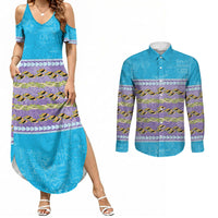Hawaii Humuhumu Fish Maile Pikake Lei Couples Matching Summer Maxi Dress and Long Sleeve Button Shirt Tribal Tapa Blue Version LT05 Blue - Polynesian Pride