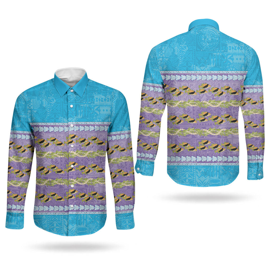 Hawaii Humuhumu Fish Maile Pikake Lei Couples Matching Summer Maxi Dress and Long Sleeve Button Shirt Tribal Tapa Blue Version LT05 - Polynesian Pride