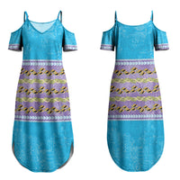 Hawaii Humuhumu Fish Maile Pikake Lei Couples Matching Summer Maxi Dress and Long Sleeve Button Shirt Tribal Tapa Blue Version LT05 - Polynesian Pride