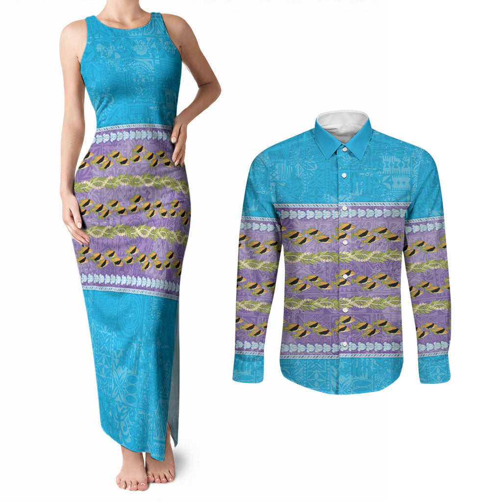 Hawaii Humuhumu Fish Maile Pikake Lei Couples Matching Tank Maxi Dress and Long Sleeve Button Shirt Tribal Tapa Blue Version LT05 Blue - Polynesian Pride