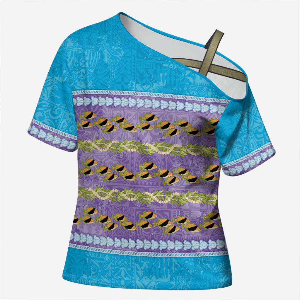 Hawaii Humuhumu Fish Maile Pikake Lei Cross Shoulder Shirt Tribal Tapa Blue Version LT05 Female Blue - Polynesian Pride