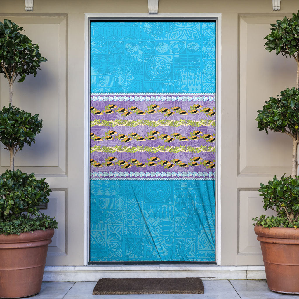 Hawaii Humuhumu Fish Maile Pikake Lei Door Cover Tribal Tapa Blue Version LT05 Blue - Polynesian Pride