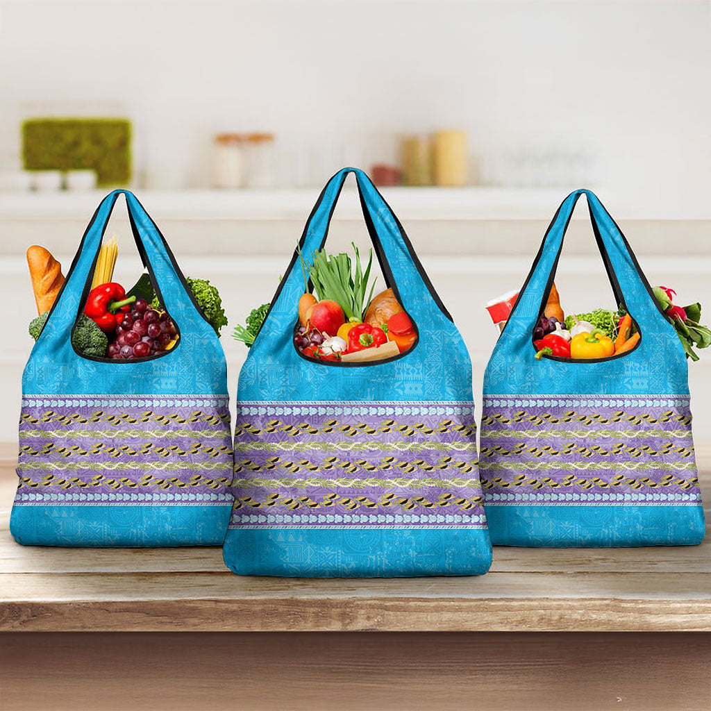 Hawaii Humuhumu Fish Maile Pikake Lei Grocery Bag Tribal Tapa Blue Version LT05 3-pack One Size Blue - Polynesian Pride
