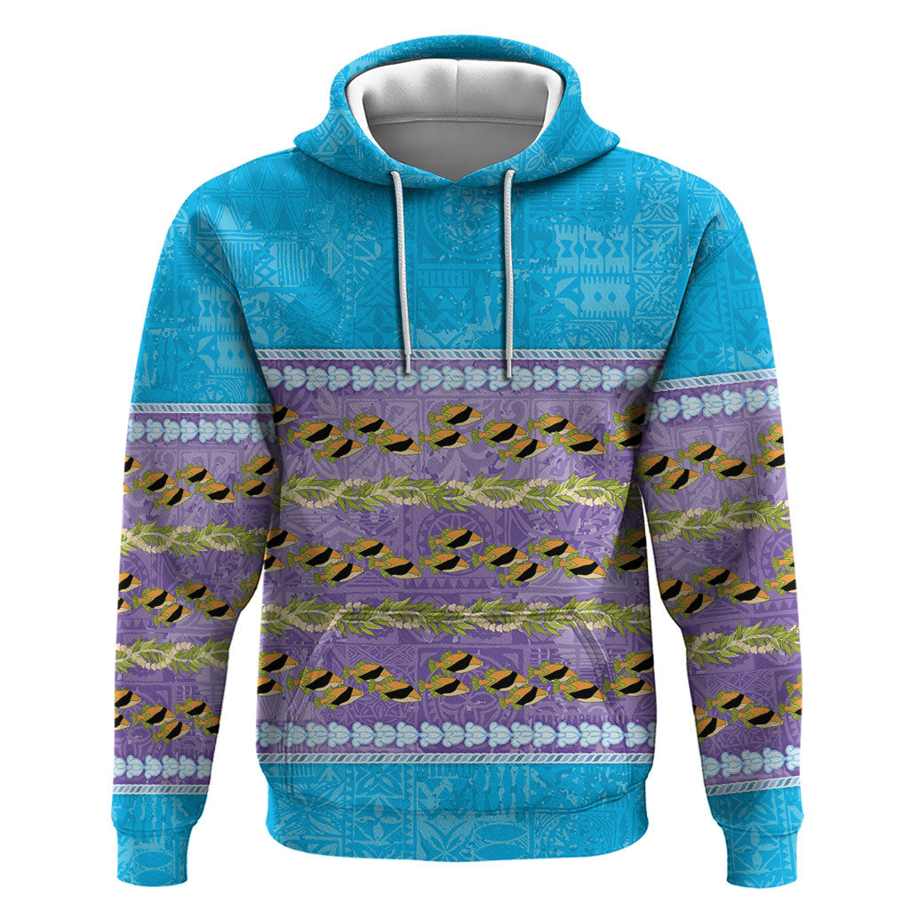 Hawaii Humuhumu Fish Maile Pikake Lei Hoodie Tribal Tapa Blue Version LT05 Pullover Hoodie Blue - Polynesian Pride