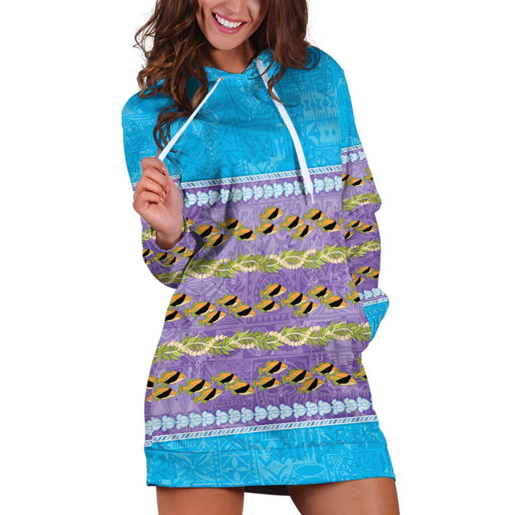 Hawaii Humuhumu Fish Maile Pikake Lei Hoodie Dress Tribal Tapa Blue Version LT05 Blue - Polynesian Pride