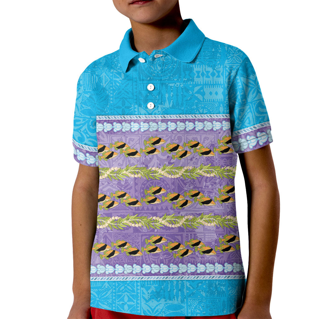 Hawaii Humuhumu Fish Maile Pikake Lei Kid Polo Shirt Tribal Tapa Blue Version LT05 Kid Blue - Polynesian Pride