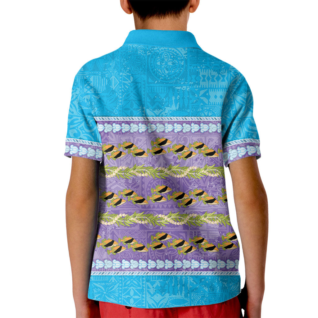 Hawaii Humuhumu Fish Maile Pikake Lei Kid Polo Shirt Tribal Tapa Blue Version LT05 - Polynesian Pride