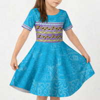 Hawaii Humuhumu Fish Maile Pikake Lei Kid Short Sleeve Dress Tribal Tapa Blue Version LT05 KID Blue - Polynesian Pride