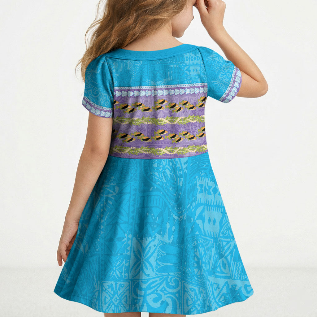 Hawaii Humuhumu Fish Maile Pikake Lei Kid Short Sleeve Dress Tribal Tapa Blue Version LT05 - Polynesian Pride