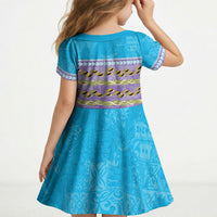 Hawaii Humuhumu Fish Maile Pikake Lei Kid Short Sleeve Dress Tribal Tapa Blue Version LT05 - Polynesian Pride