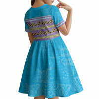 Hawaii Humuhumu Fish Maile Pikake Lei Kid Short Sleeve Dress Tribal Tapa Blue Version LT05 - Polynesian Pride