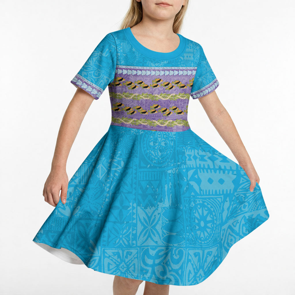 Hawaii Humuhumu Fish Maile Pikake Lei Kid Short Sleeve Dress Tribal Tapa Blue Version LT05 - Polynesian Pride